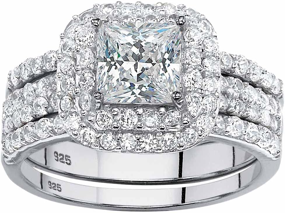 PalmBeach Platinum-plated Sterling Silver Princess Cut Cubic Zirconia Halo 3 Piece Bridal Ring Set Sizes 5-10