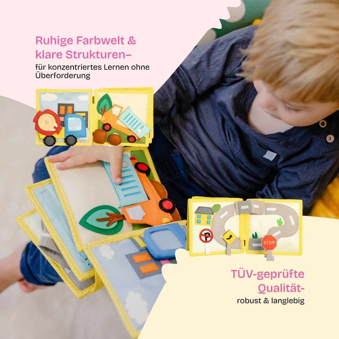 Jolly Designs Mini Quiet Book Mein erster Bagger – Montessori Spielzeug ab 18 Monaten – Busy Book & Stoffbuch aus Filz – Lernspielzeug zu Fahrzeugen & Verkehrsregeln – Motorikbuch für Kleinkinder