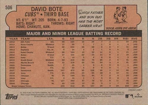 Miniatura 2 de 2021 TOPPS HERITAGE HIGH NUMBER #506 DAVID BOTE CUBS BASEBALL MLB