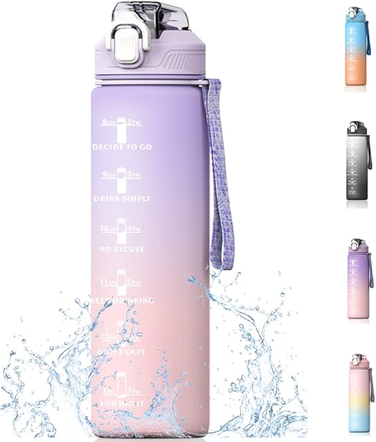 Bugucat Water Bottle 1L, Drinks Bottle with Straw and Time Markings, Jug Leak Proof,Sport Water Storage Container for Teenager Adult, Water Bottle for Gym School Cycling Fitness Outdoor