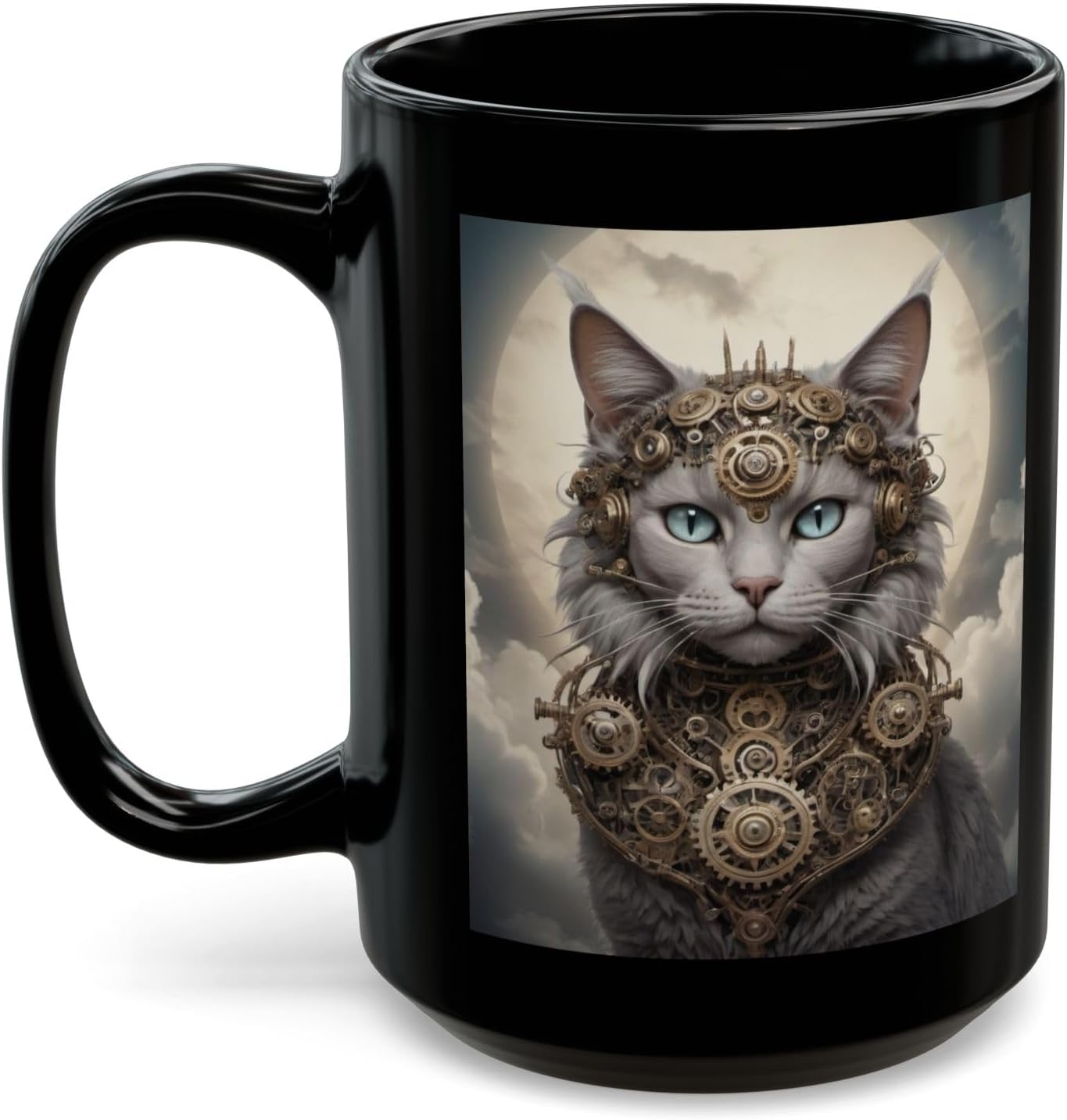 Steam-archy Feline Guardian Cat Black Mug (11oz, 15oz), Gear Graphic Design