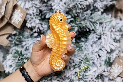Miniatura 4 de Juego de 2 adornos de cristal soplado de caballito de mar y adorno de concha de mar, adornos colgantes de cristal para árbol de Navidad