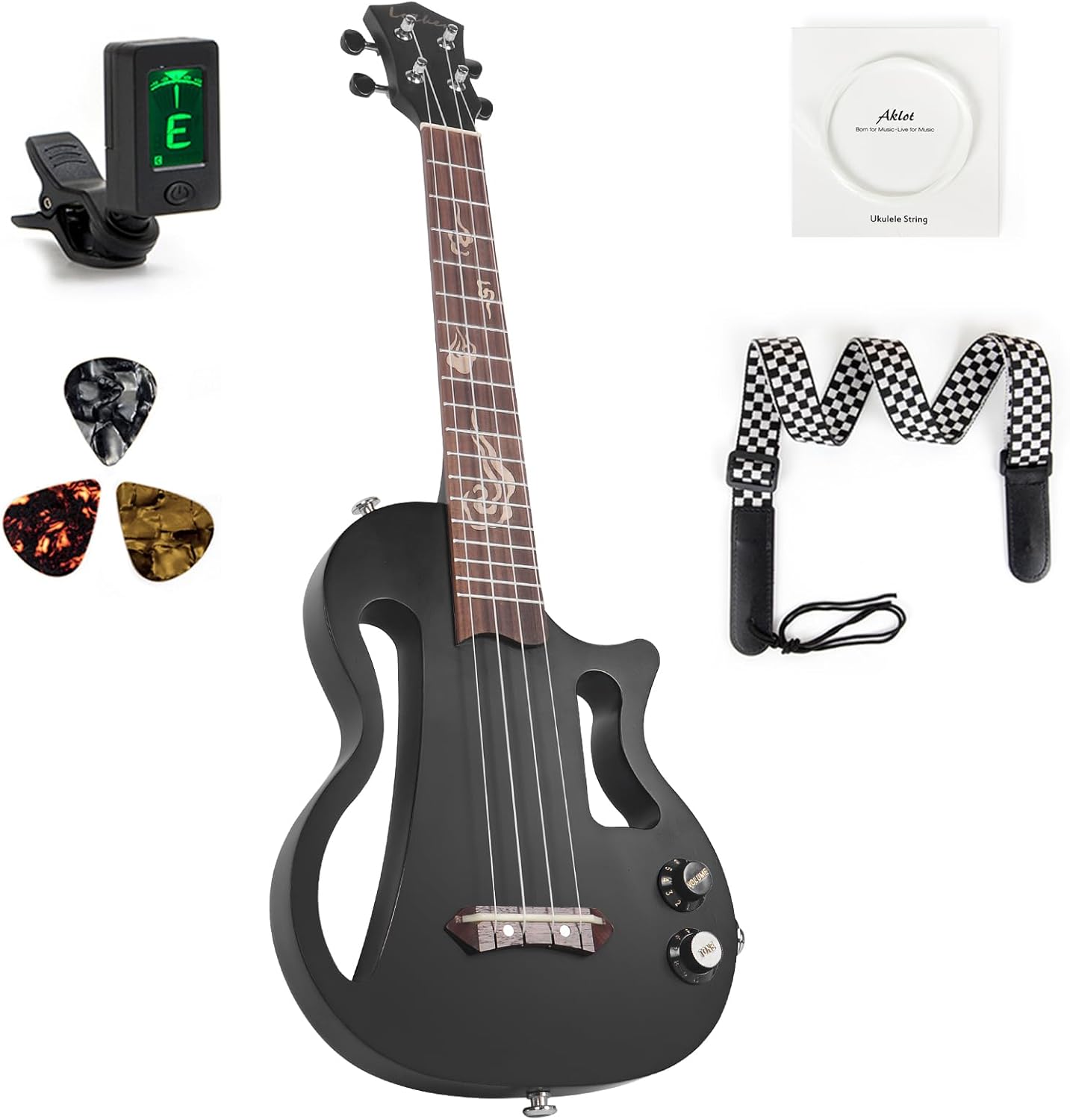 Silent Ukulele, Lotkey 26 Inch Okoume Body Electric Ukulele for Practice or Performances with AMP Output Italian Nylon String w/Tuner Strap & Full Accessories (Black)
