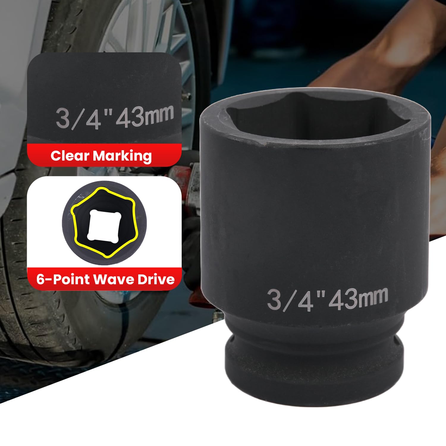 Deep 6-Point Impact Socket 3/4" Drive 43mm,Chrome Molybdenum Steel, Anti-Rust Metric Hex Socket for Car Repairs and Impact Wrench - Image 3