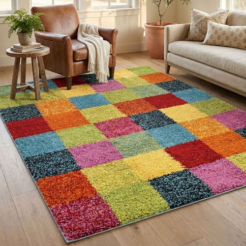 Image of Rio Multicolour Shaggy Modern Living Room Area Rug, Rubix, 160x230cm