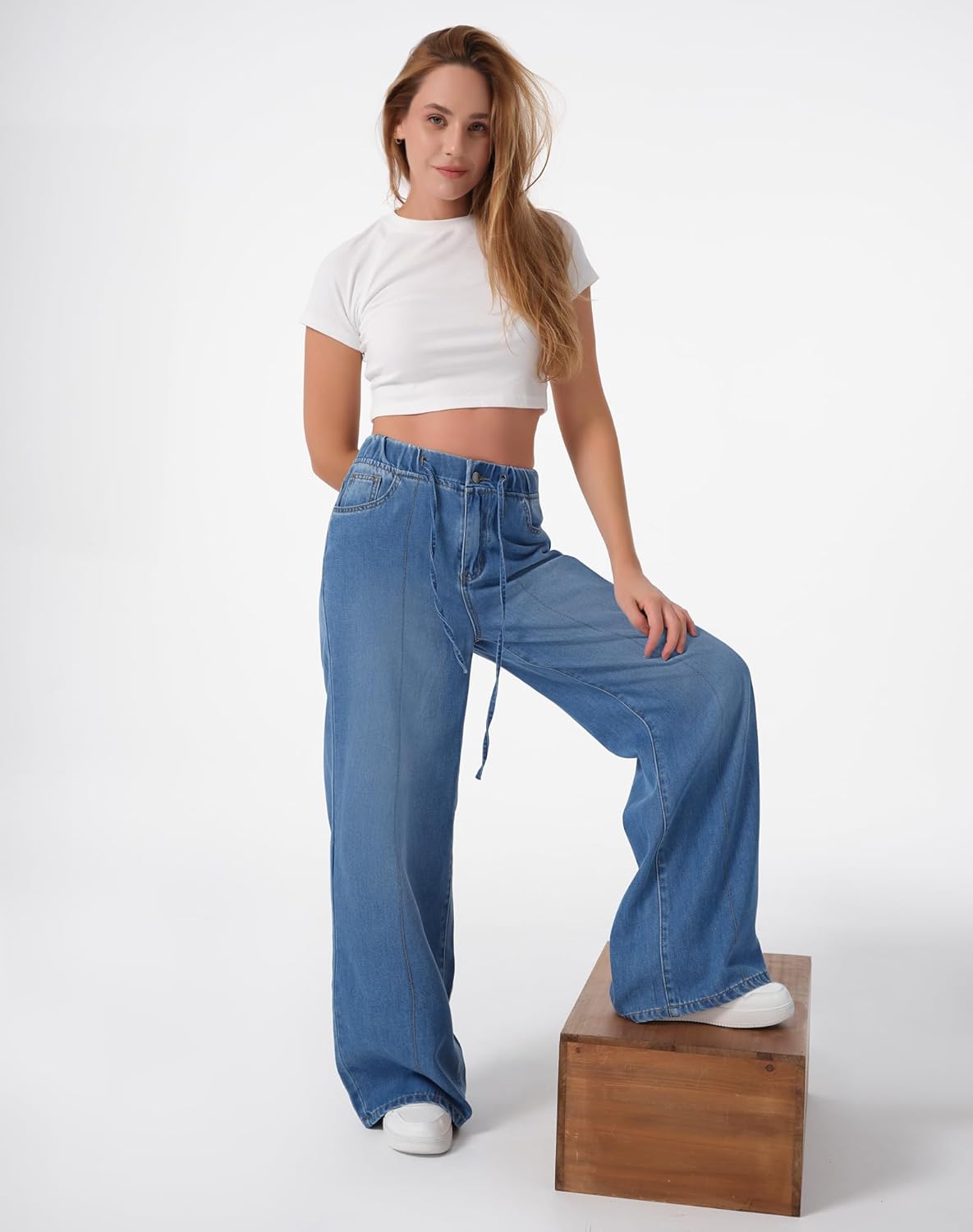 roswear Womens Jeans Non-Stretch Sweatpants Loose Fit Pull On Elastic Waist Front Seam Pants - Image 7