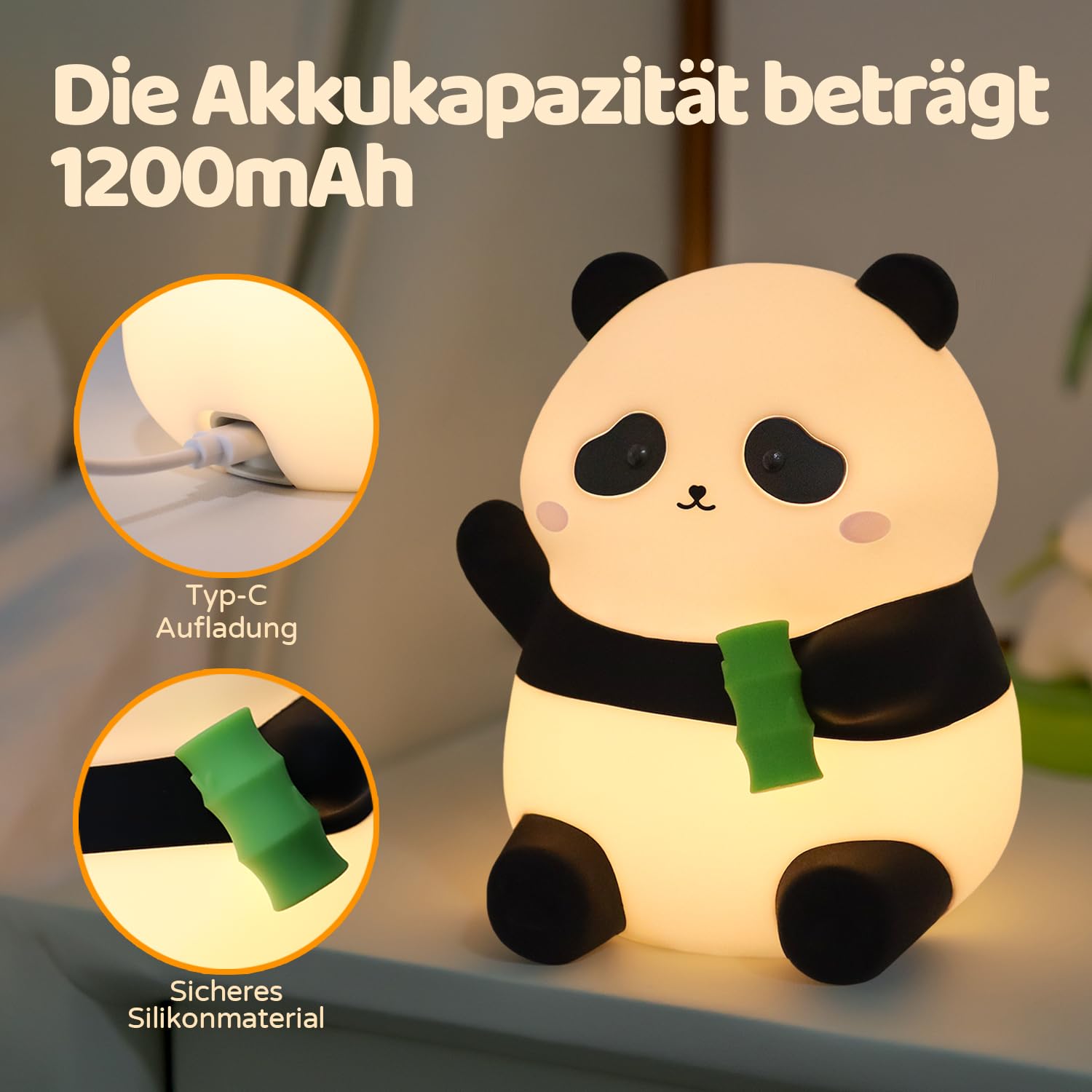 Rytinazzz Linda luz nocturna de silicona de panda, lámpara LED esponjosa con batería de larga duración de 12H/50H, 2 niveles de brillo por control de toque, luz suave recargable para decoración de
