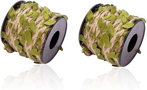 Cinta de hoja de arpillera, 2 rollos de 66 pies en total de 0.197 in, cordel de yute natural con hojas verdes artificiales, enredaderas decoradas