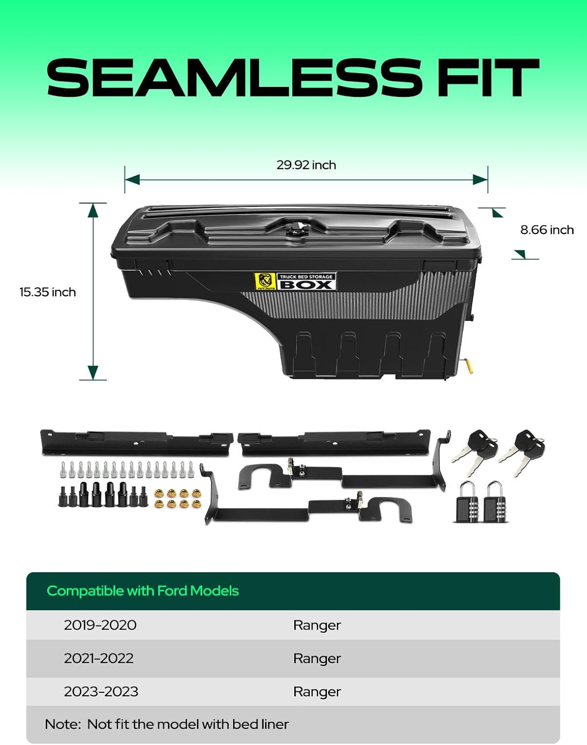 YHTAUTO Set of 2 Truck Bed Storage Tool Box Lockable Compatible with Ford Ranger 2019-2023, Driver and Passenger Side, Not Fit the Model with Bed Liner, Swing Waterproof Wheel Well Toolbox