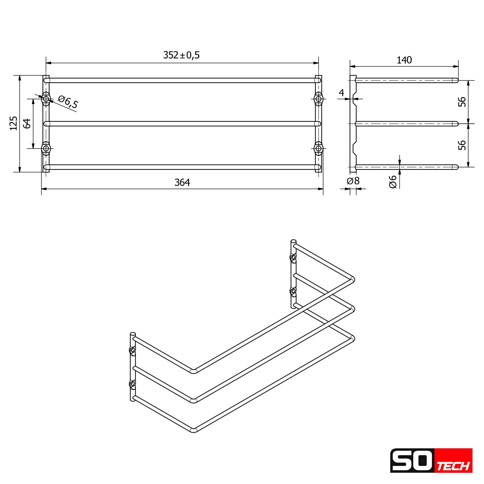 SOTECH Support de plaque de cuisson pour 3 plaques de cuisson (364 x 140 x 125 mm, noir chromé, pour largeur de caisson de 600 mm) Support de grille de cuisson - l'ordre facile
