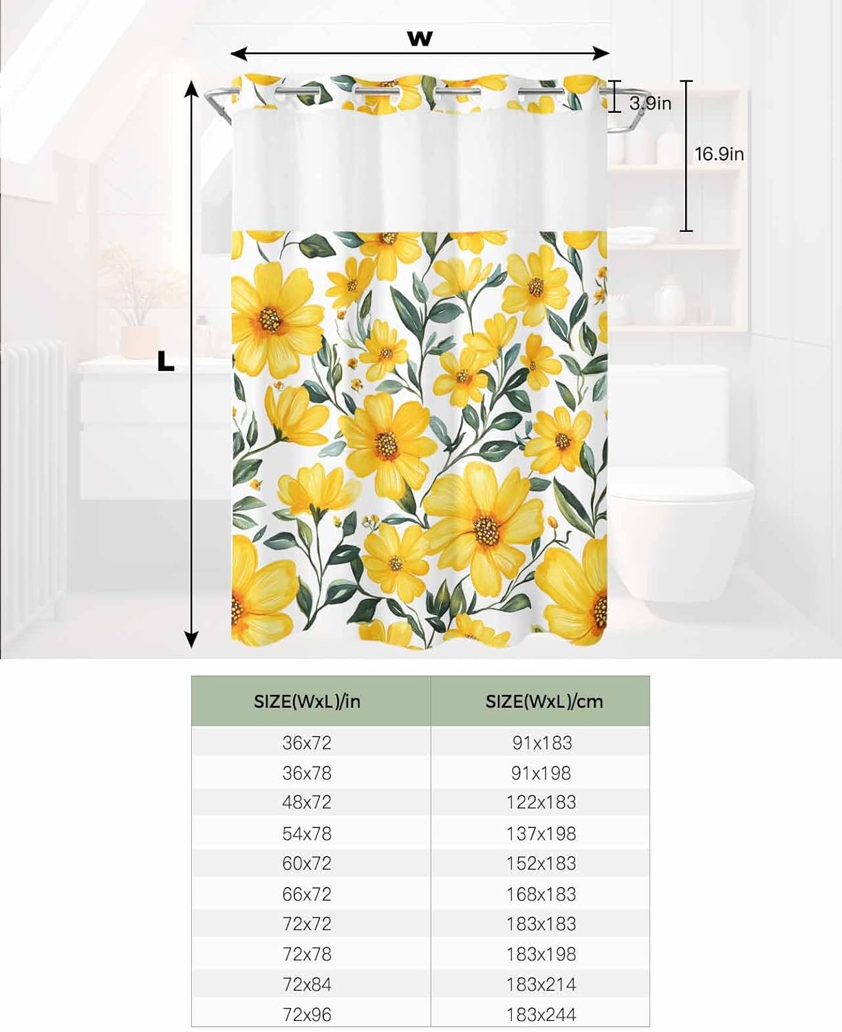 No Hook Shower Curtain and Snap in Liner Set, Yellow Floral Spring Fabric Bathroom Shower Curtains 60x72 Inch, See Through Mesh Top Window, Farmhouse Botanical Summer Hotel Style, Washable Waterproof