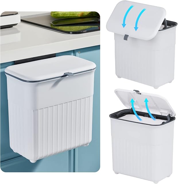 KWANITHINK Hanging Kitchen Bin with Lid, Cupboard Bins for Kitchen Cabinet Door, Trash Can Waste Bins Under Sink Counter Top, Trash Bin for Bedroom Bathroom Office Motorhome 9L