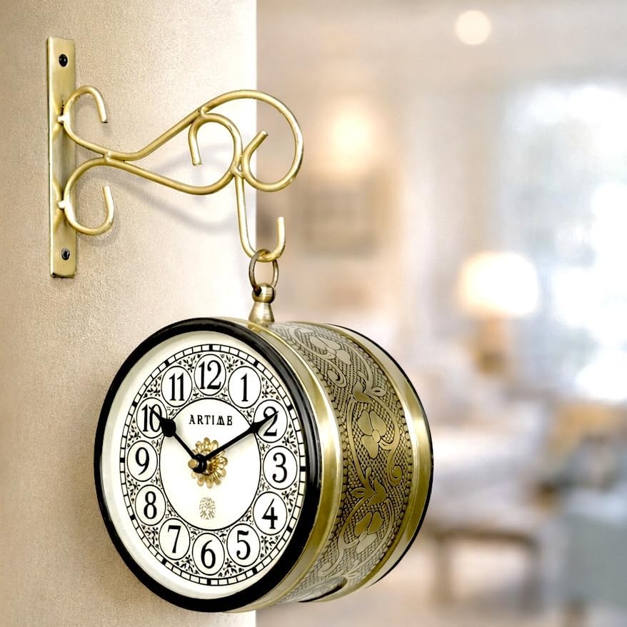 Image of Handcrafted Double Side Metal Analog Vintage Wall Clock | 1.5 Year Machine Warranty | 6 INCHES | 1 Side Number 1 Side Roman,Color Golden