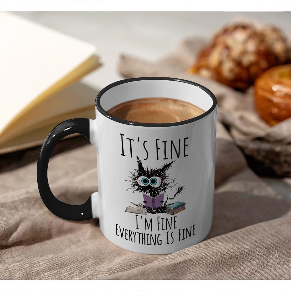 Funny Black Cat Coffee Mug Gifts for Teacher It’s Fine Everything is Fine, Christmas Birthday Gifts for Cats Lovers, Funny Cat Lover Gift for Teacher 11OZ - Image 2