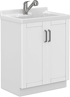 SIMPLIHOME Kyle All-in-One Utility Sink & Cabinet, 28-inch Wide, Pure White, Laundry Cabinet, ABS Sink, Pull-Out Faucet, Shaker Style Doors, for Laundry Room