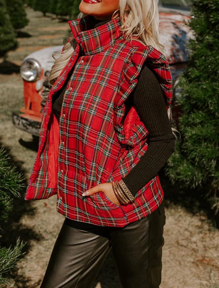 Kedera Womens Christmas Plaid Puffer Vests Ruffle Sleeveless Lightweight Quilted Vest Fall Winter Padded Gilets Coats - Image 4
