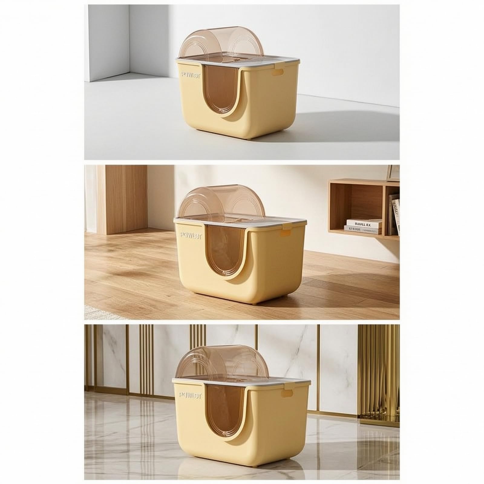 kowaku Caja de Arena para Gatos con Contenedor Cerrado Arenero Bandeja y Baño con Diseño y Esquinas Redondeadas Tapa Extraíble PP Control de Olores Adecuado, Blanco Arroz