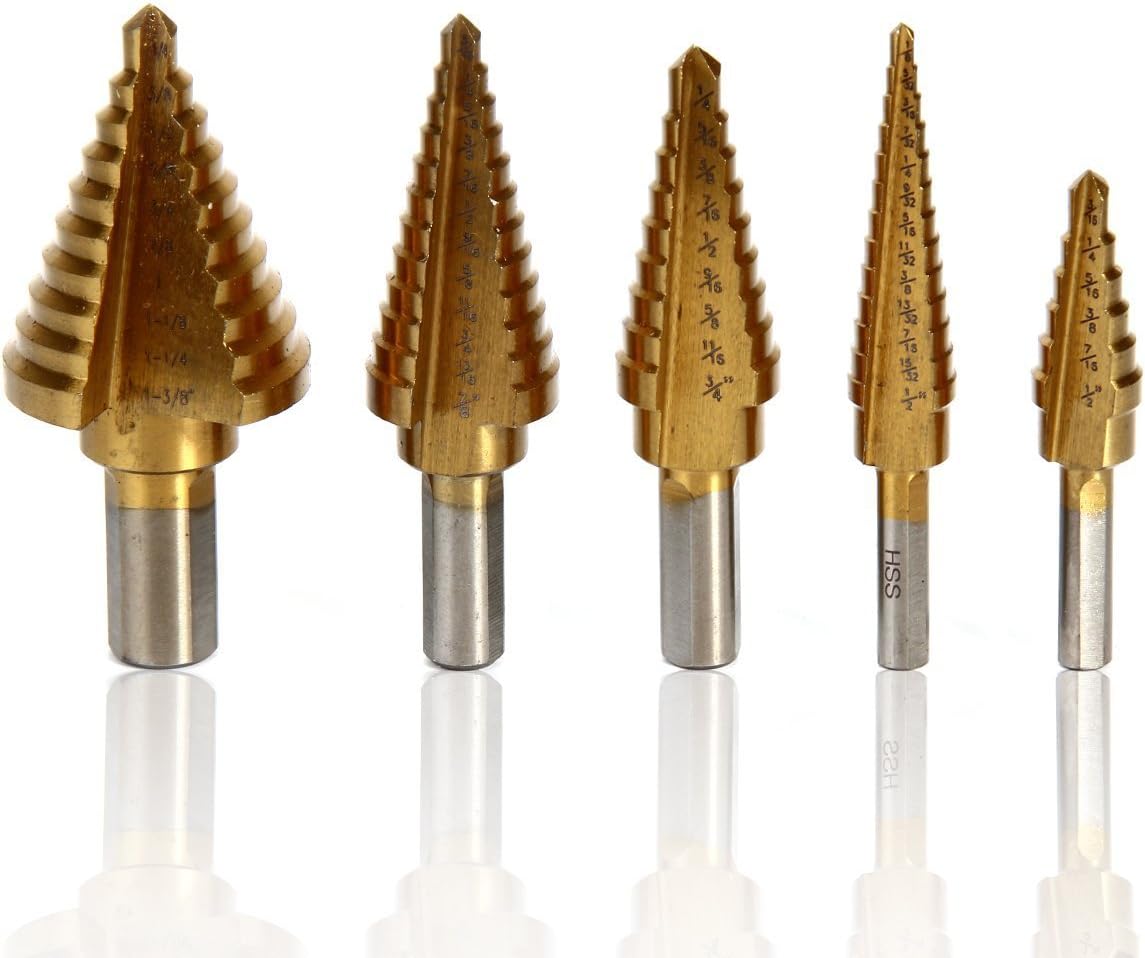 50 Count High-Speed Steel Titanium Coated Step Drill Bits Set - SAE Sizes - Shank 3/16" 1/4" 3/8"