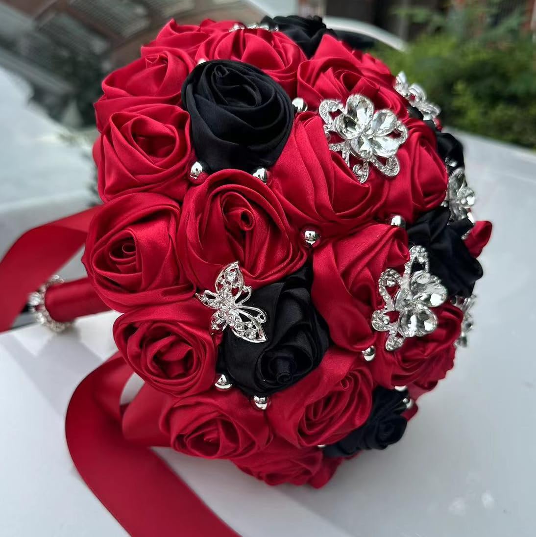 Sharebeauty 7.1" Handmade Satin Rose Bridal Bouquet Toss Round Wedding Bouquet Throw Toss Artificial Flower Bunch Ruby Red + Black