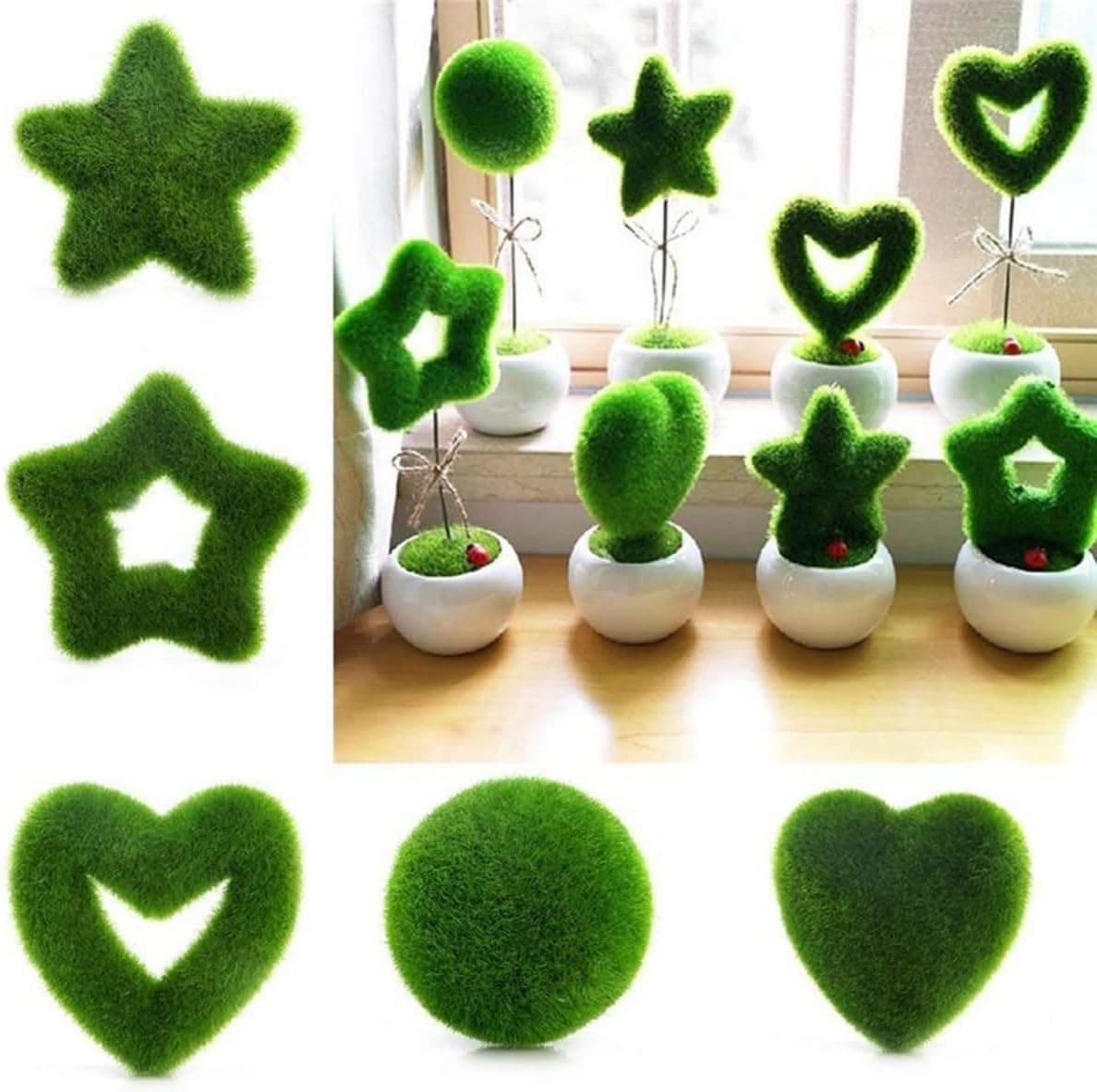 5pcs Creative Green Simulation Potted Plants Flocking Love Star Artificial Small Bonsai Grass Ball Home Decorations Ornaments Gifts