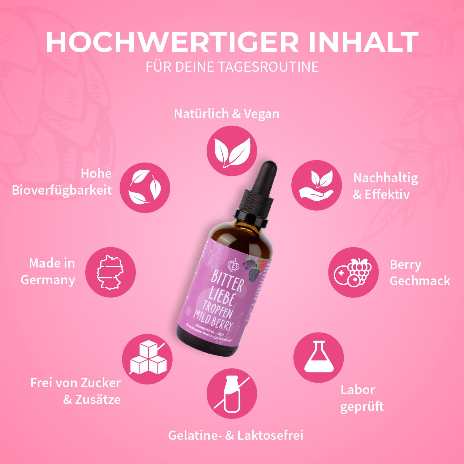 BitterLiebe - Bittertropfen Mild Berry - alkoholfreie Bitterstoffe Tropfen mit Fruchtgeschmack - Artischocke & Löwenzahn für die Verdauung* - gegen Süßhunger - Vegan & Made in Germany