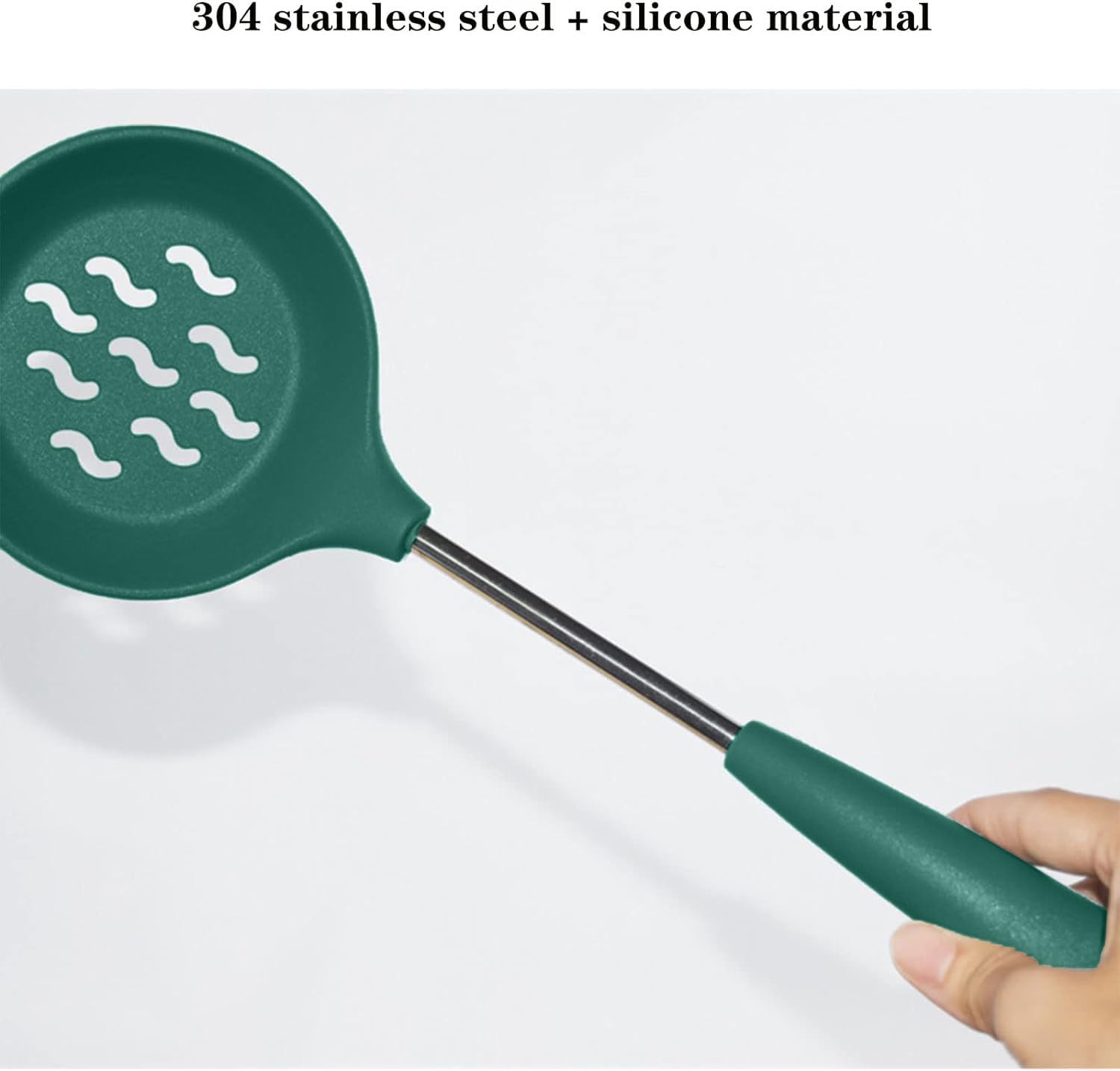 FS COOL Karchi for Cooking - Silicone Spaghetti Fork - Non Stick Rice Spoon - Skimmer Slotted Spoon - Spatula Stand - Soup Ladle - Slotted Spoon - Pasta Server - Scooper Spatula (Set of 5, Green) 2