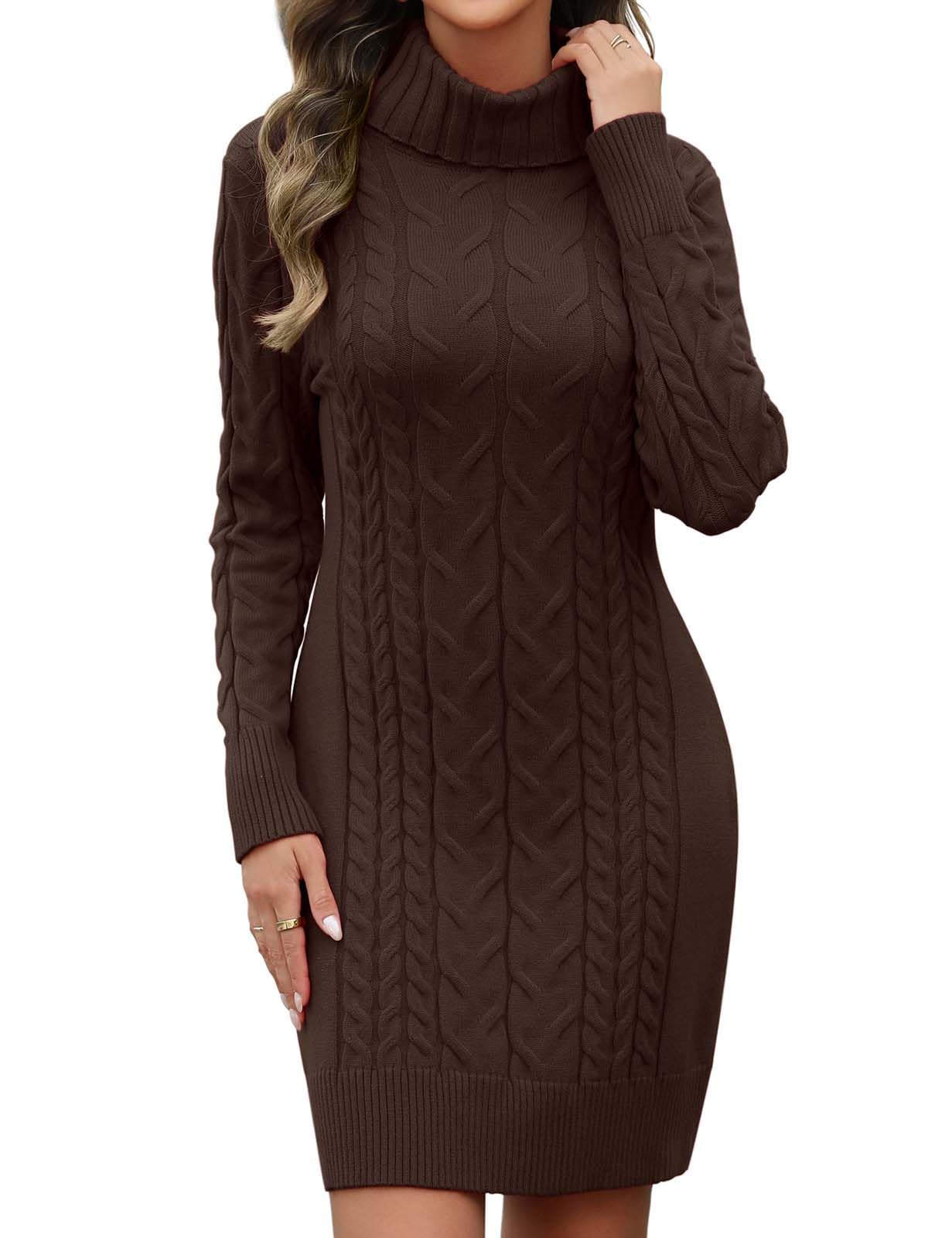 heekpek Strickkleid Damen Herbst Winter Rollkragen Pulloverkleid Langarm Strickkleider Elegant Bodycon Kleid Zopfmuster Warme Winterkleider