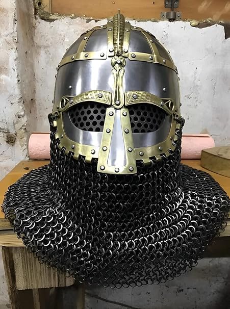 Medieval Viking Vendel Helmet with Chainmail, 14 Gauge Steel, SCA Combat Ready, Brass Accents
