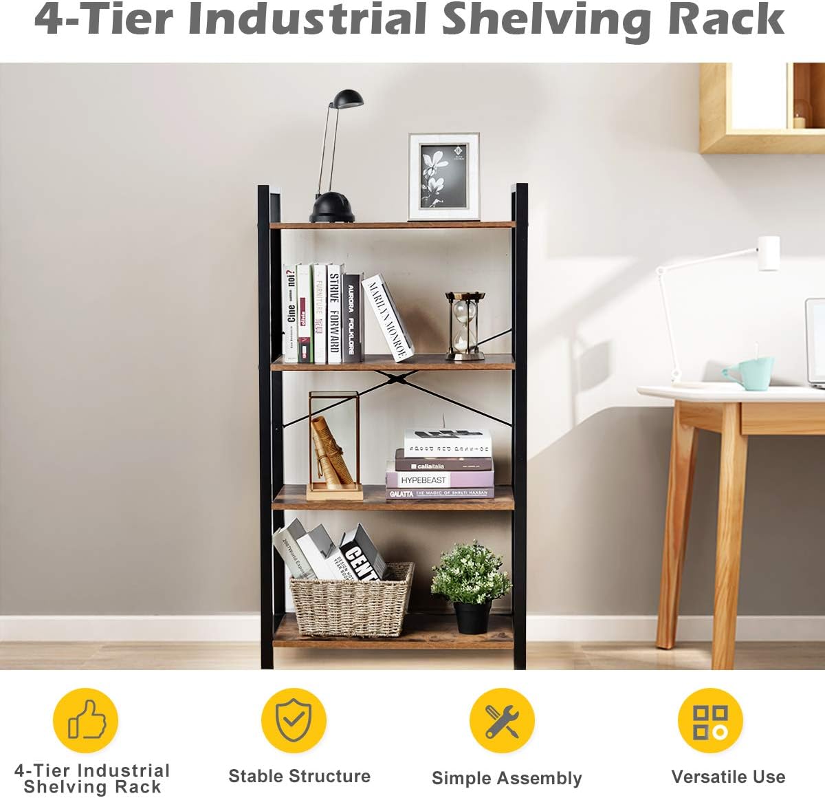 DORTALA 4-Tier Bookshelf, Industrial Bookcase Plant Flower Stand, Home Office Organizer, Storage and Display Rack, Shelving Unit with Metal Frame for Living Room Bedroom Kitchen Bathroom (Brown)