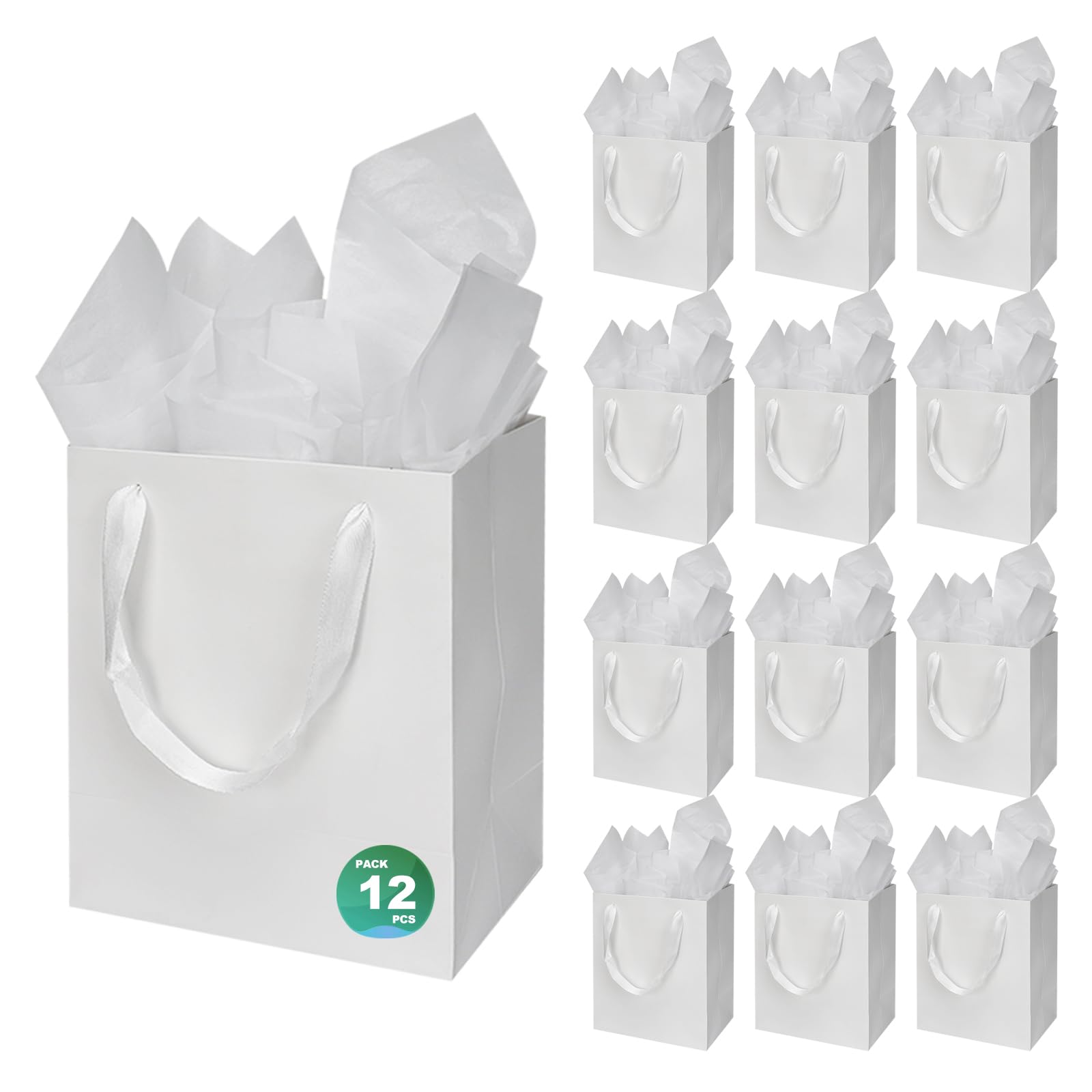 Papertide 12 Pack White Large Gift Bags 20.3x12.7x25.4cm with Tissue Paper
