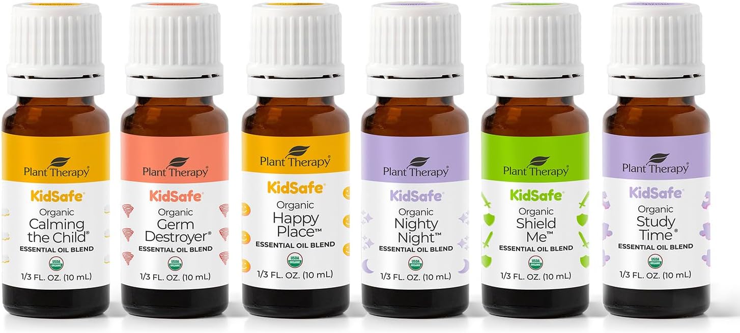 Plant Therapy KidSafe Organic Essential Oil Blends Set 10 mL (1/3 oz) 100% Pure, Undiluted, Aromatherapy, Sleep Support, Mood Booster, Attention and Focus