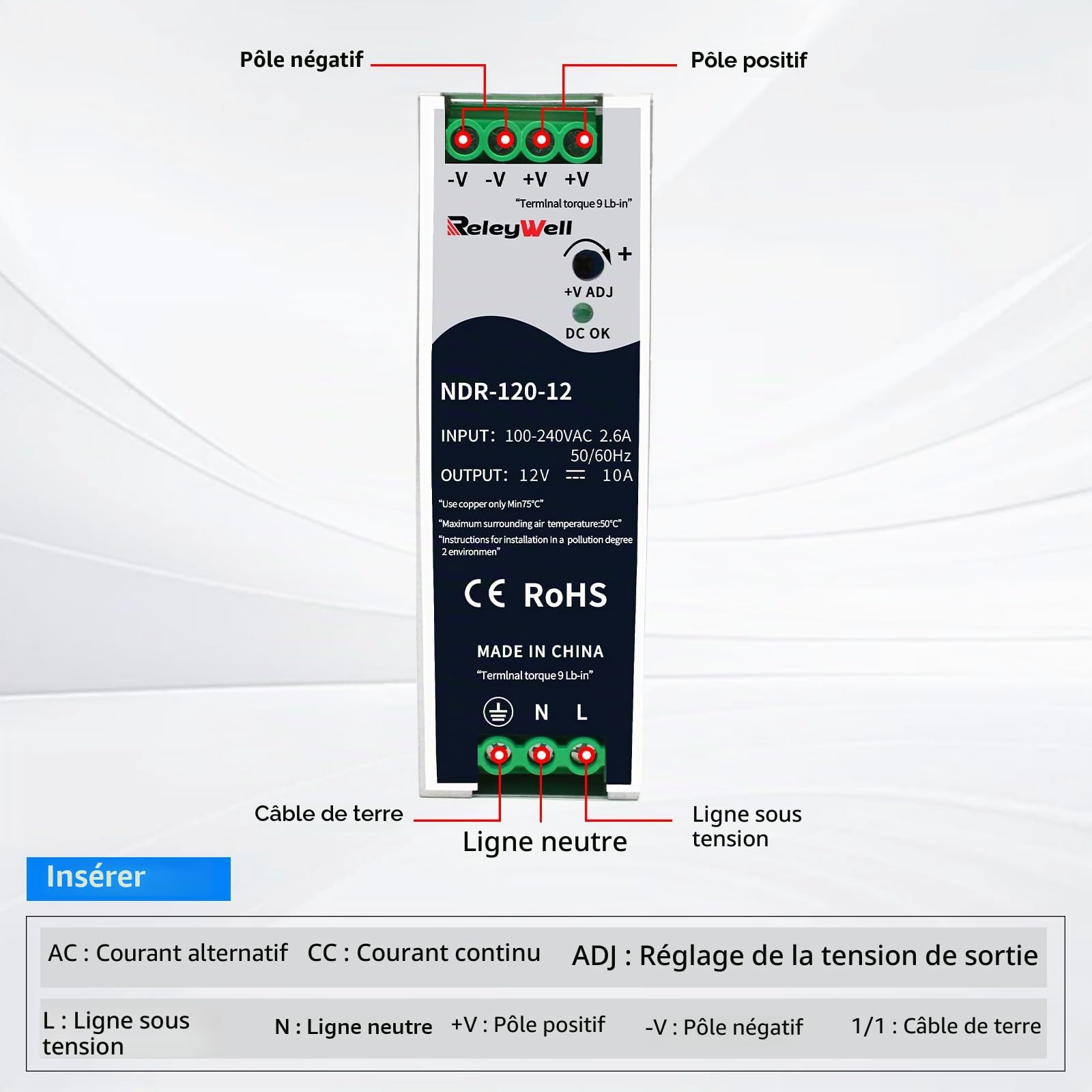 Alimentation pour rail DIN 12V, 120W, 10A ; transformateur 230v vers 12v led, rail DIN, alimentation 12 volts, transformateur de sonnerie, ReleyWell, NDR-120-12
