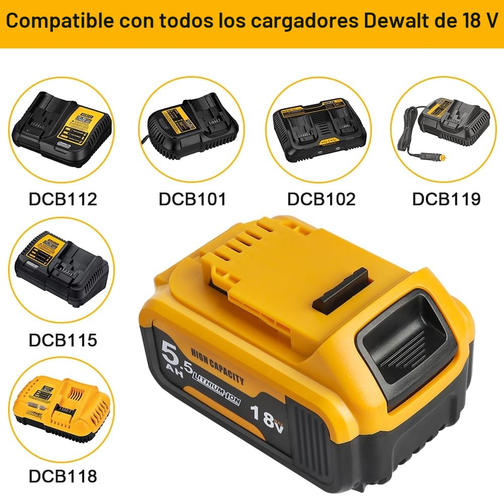 Powarobor DCB184 18 V 5,5 Ah Batería de Repuesto de Ion de Litio de Compatible con Dewalt 18V Herramientas eléctricas DCB182 DCB182 DCB183
