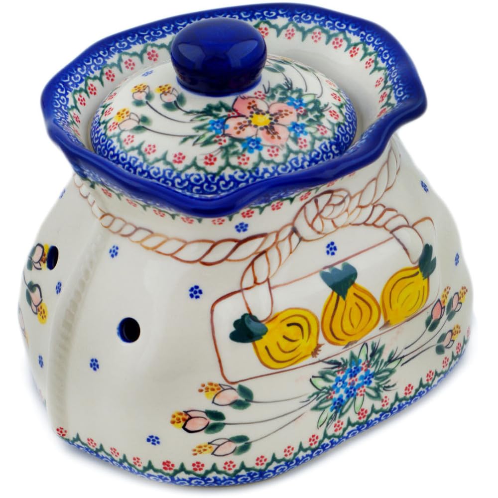 Authentic Polish Pottery Garlic and Onion Jar Signature UNIKAT in Perfect Garden Design Handmade in Boles?awiec Poland + Certificate of Authenticity