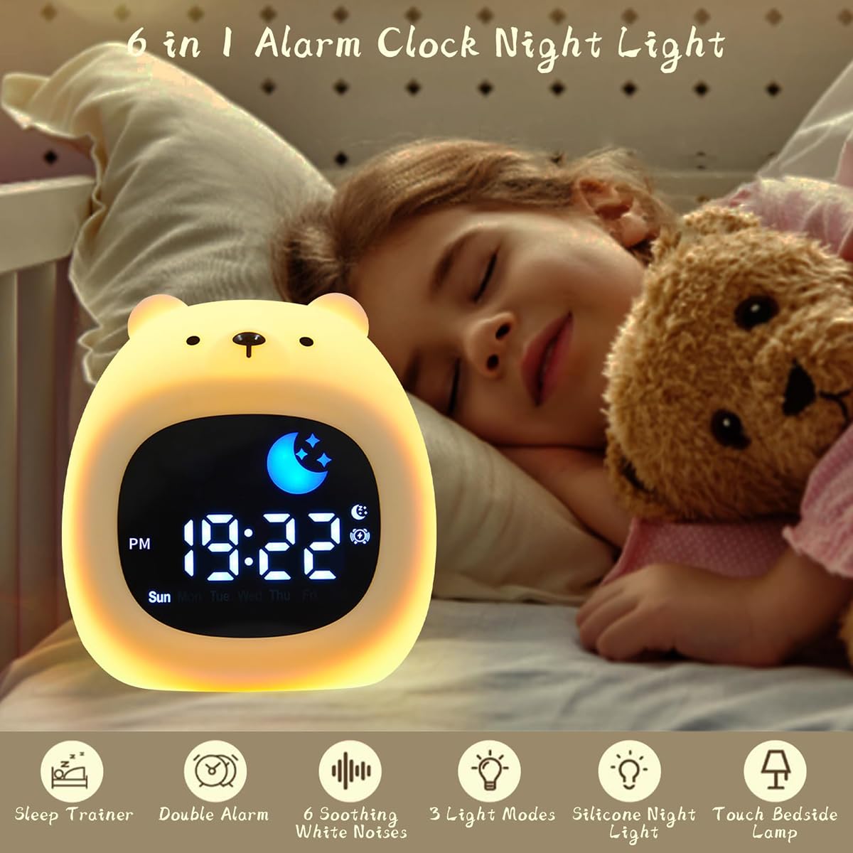 Sleep Clock Wiederaufladbarer Kinderwecker mit berührbarem Nachtlicht, 6 beruhigende weiße Rauschtöne, 1800 mAh Akku, perfekt für Jungen und Mädchen im Alter von 3–8 Jahren, ideal für Schlafzimmer und