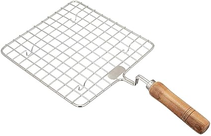 SHE Stainless Steel Square Papad Jali/Roti Roast Grill/Papad Roast Grill/Tandoors & Grills with Wooden Handle (Silver), Standard
