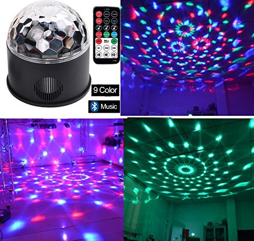 Bluetooth +Speaker Party Light Disco Lights 9 Colors 9W Magic Ball Projector Stage Lights Strobe Club Lights Effect Mini LED Lights Wireless Phone Connection with Remote Connection for Decoration