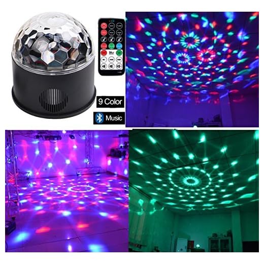 Bluetooth +Speaker Party Light Disco Lights 9 Colors 9W Magic Ball Projector Stage Lights Strobe Club Lights Effect Mini LED Lights Wireless Phone Connection with Remote Connection for Decoration