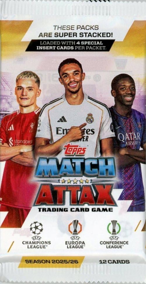 2025/26 Topps Match Attax UEFA Champions League Soccer Collection of (3) Factory Sealed Foil Packs with 36 Cards! Look for Top Stars including Lamine Yamal, Erling Haaland,Kylian Mbappe & Many More!