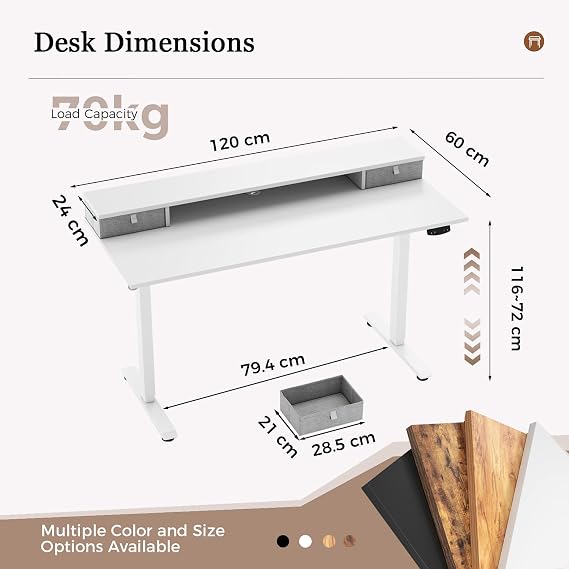 Klicelor Electric Height Adjustable Desk, with 2 Fabric Drawers, 120x60cm | 72-116cm Height, Stable Sit-Stand Standing Desk w. 2 Memory Buttons, Computer Desk for Home Office, 2 pcs Desktops, White