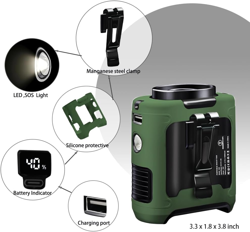 CAZOKASI 2024 Upgrade 10000mAh Waist Clip Fan Wearable Fan Portable Personal Body Fan Powerful Upto 40H Cooling and Heatstroke Prevention Fan (Gray and Orange) (10000mAh / Green) - Image 6