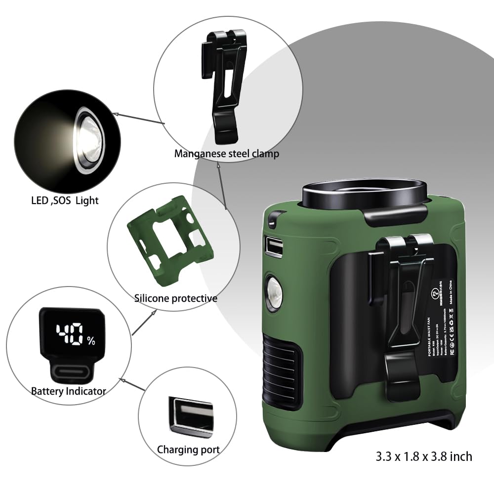 Ventilador portátil con clip de cintura de 10000 mAh y cuerpo personal, potente hasta 40 horas de enfriamiento y prevención de golpes de calor (verde) 6