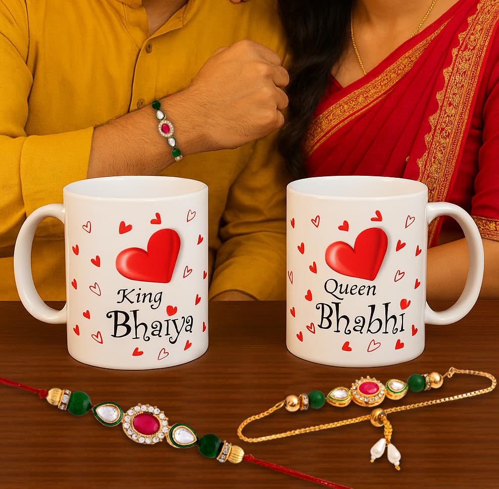 Image of CraftVatika Rakhi Mug Gift Combo for Brother Bhaiya Bhabhi - Premium Couple Pair Rakhi with Printed Mug Gift, Rakhi Set of 2