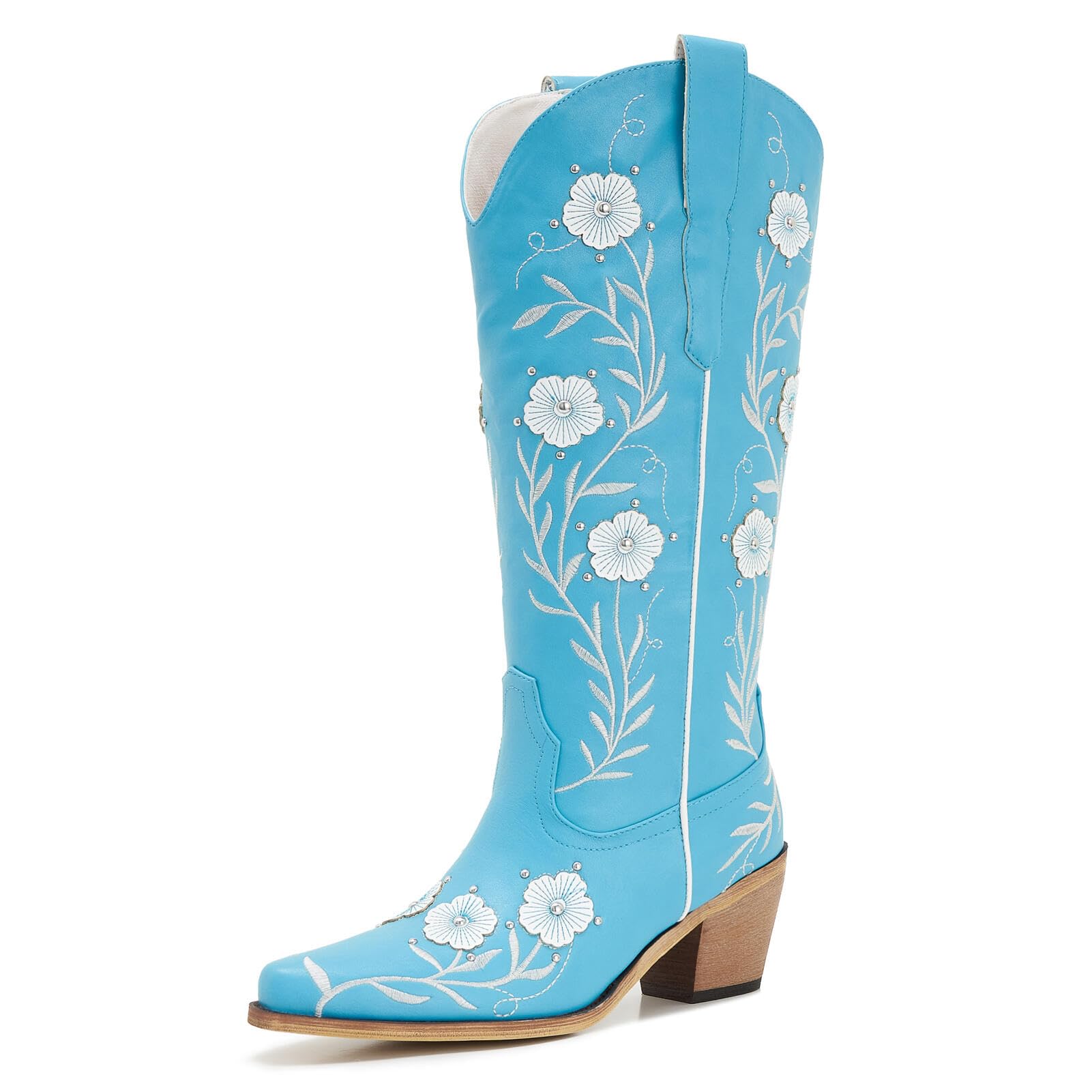 Womens Wide Calf Turquoise Embroidered Cowgirl Boots Plus Size Western Knee High Boots with Floral Stitching Pull On