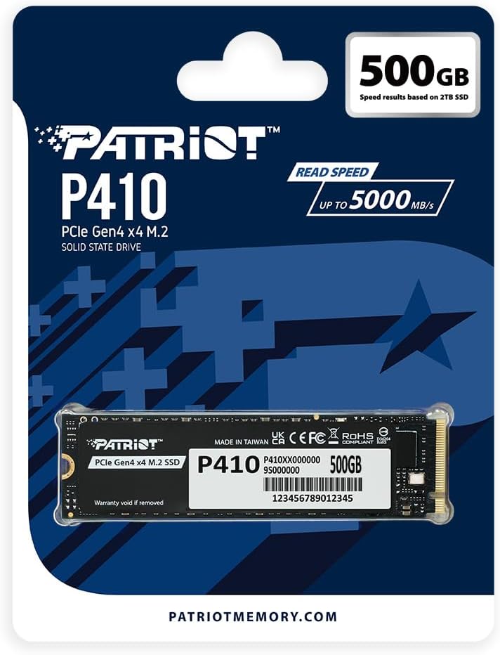 Patriot P410 500GB NVMe PCIe Gen4 M.2 SSD Retail Packaging