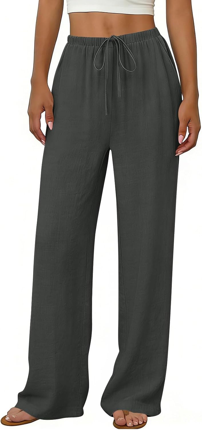 Women's Wide Leg Pants Drawstring High Waisted Cotton Beach Palazzo Pants with Pockets Soft Lounge Trousers