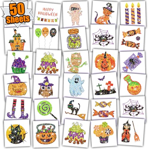 Leesgel Halloween Glitzer Tattoos für Kinder, 50 Stück Leuchtende Temporäre Kindertattoos für Halloween Deko Kinder, Accessoires für Geburtstag Deko, Party Mitgebsel, Zubehör und Kleine Geschenk