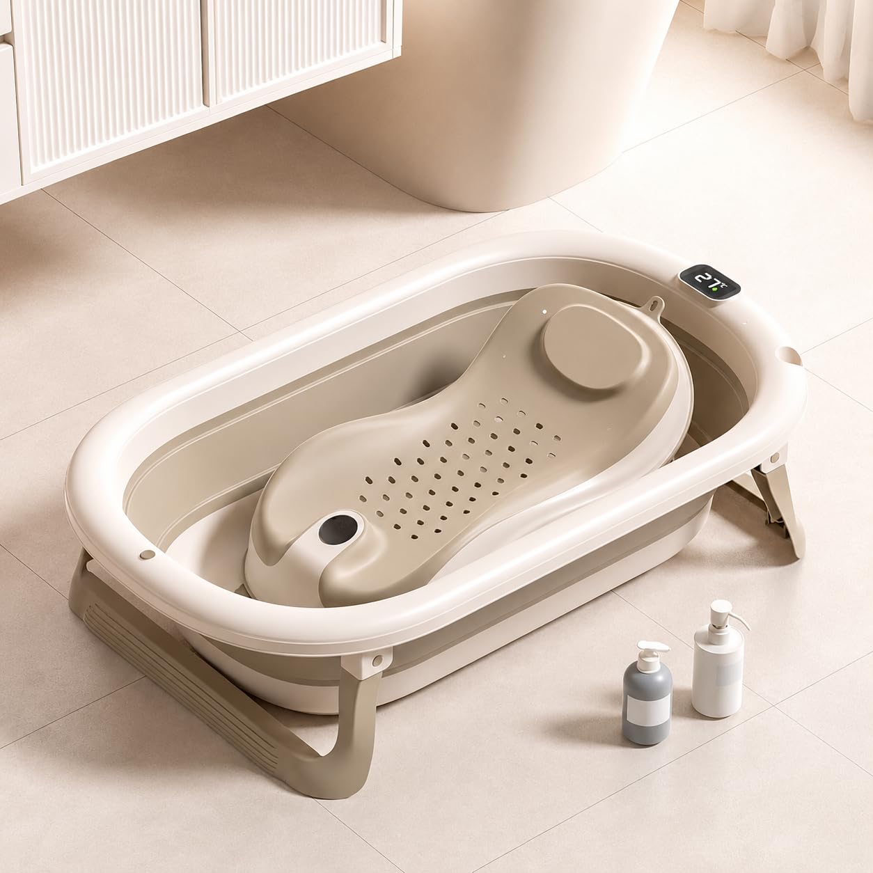 Vasca da bagno pieghevole 3 in 1, 0-18 mesi, 60 x 43 cm, con sedile di sicurezza e base in rete (colore caffè)