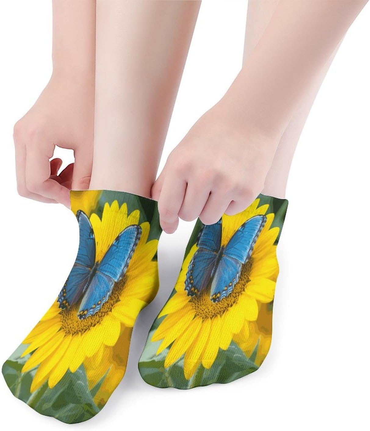 Sunflower Blue Butterfly Ankle Socks for Men Women 5 Pairs | Comfortable Casual Low Cut Socks, Lightweight No Show Breathable Athletic Socks, Soft Mini Crew Socks for All Seasons