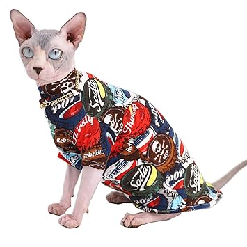 Sphynx Hairless Cat Fashion & Cool Breathable Summer Cotton Shirts Pet Clothes with Gold Necklace, Yellow Kitten T-Shirts with Sleeves, Cats & Small Dogs Apparel (Bottle Cap, L (7.7-9.9 lbs))